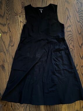 Eileen Fisher Black Sleeveless V-Neck Midi Dress with Front Pockets M Medium